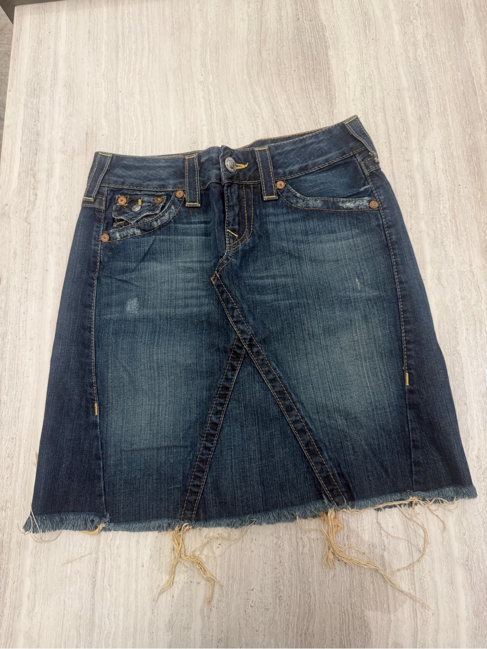 True Religion Dark Blue Denim Midi Skirt
'World Tour' style with raw hem